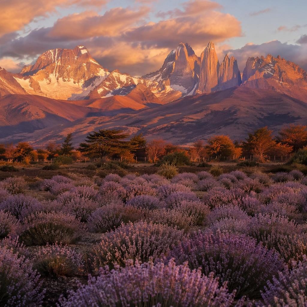 Montagnes de Patagonie à l’heure dorée, lumière douce sous ciel couvert, tons roux d’automne et paysage net