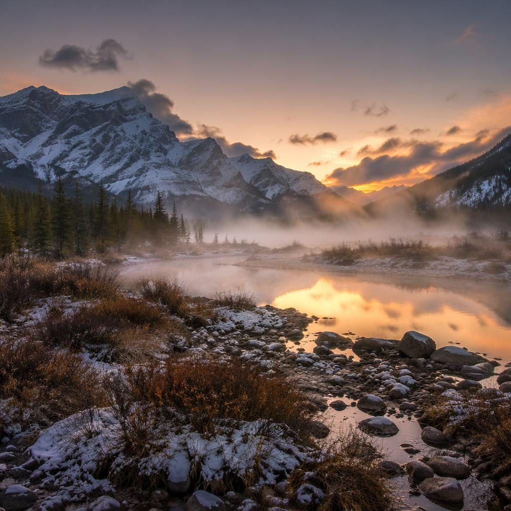 Misty alpine lake at dawn in winter, with a river valley, ochre-toned mountains, and dramatic atmospheric light