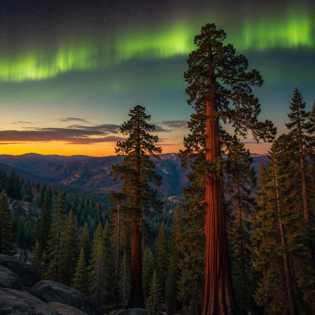 Aurora-lit sunset sky above giant sequoia trees, vibrant HDR landscape with dramatic light and sharp natural detail.