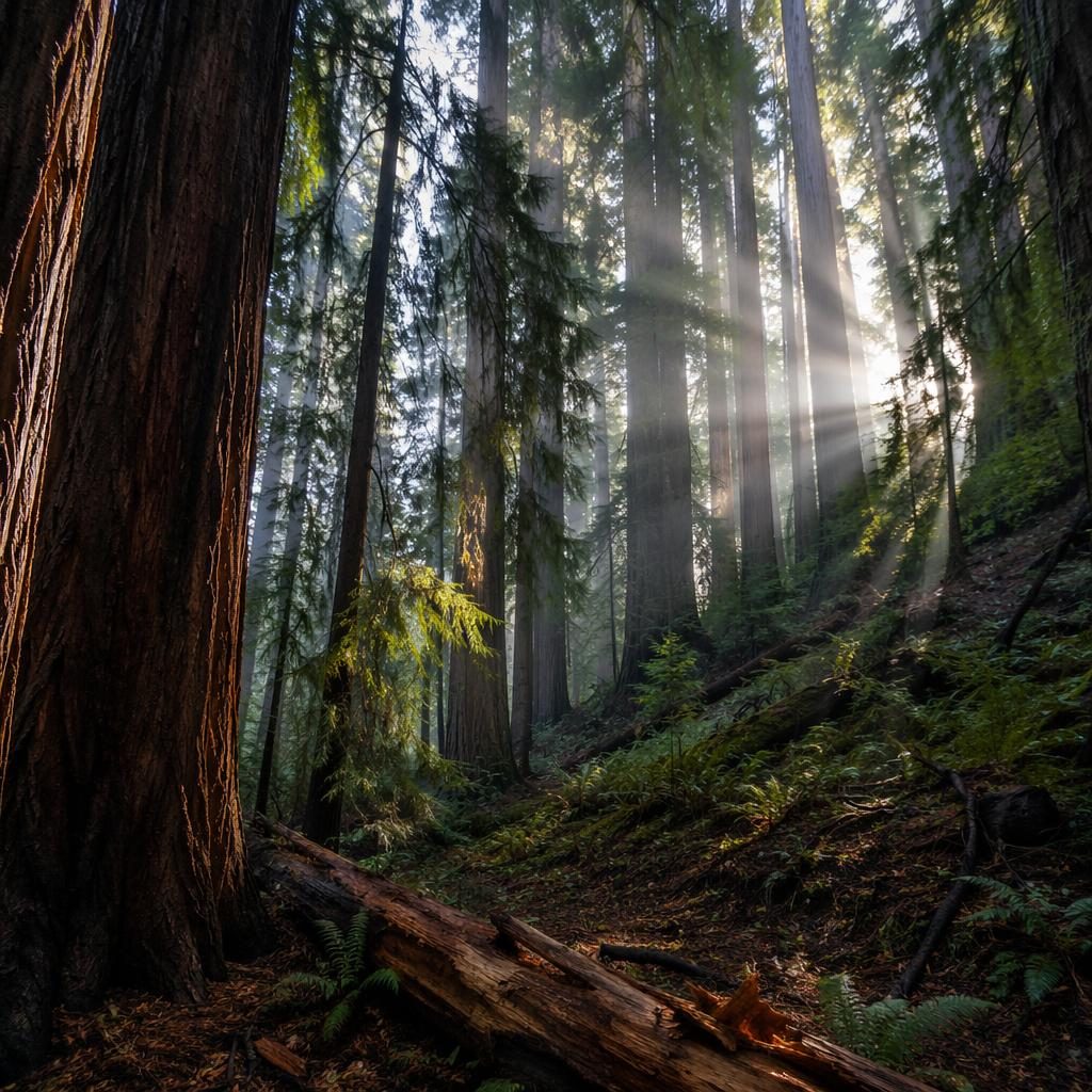 Sunbeams stream through a redwood forest in autumn with cool blue and silver tones, sharp focus, and dramatic light.