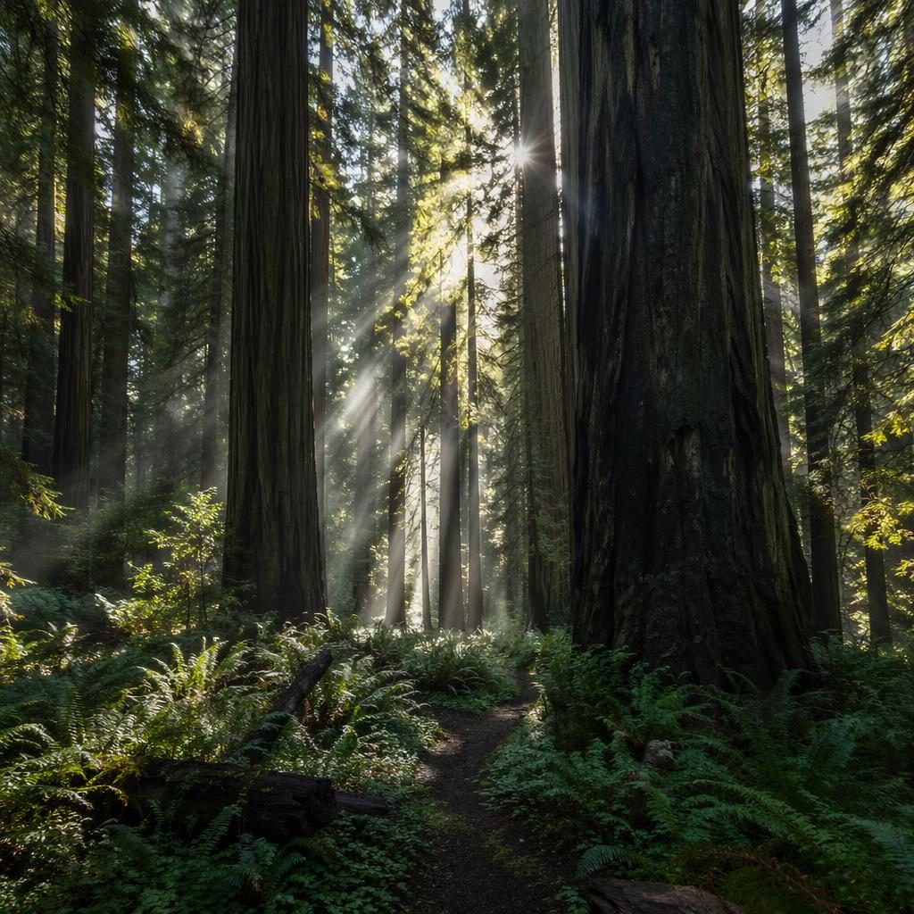 Wasserfall im Redwood-Wald bei Nacht, mit Milchstraße, kühlen Blautönen, silbrigem Licht und sichtbaren Sonnenstrahlen