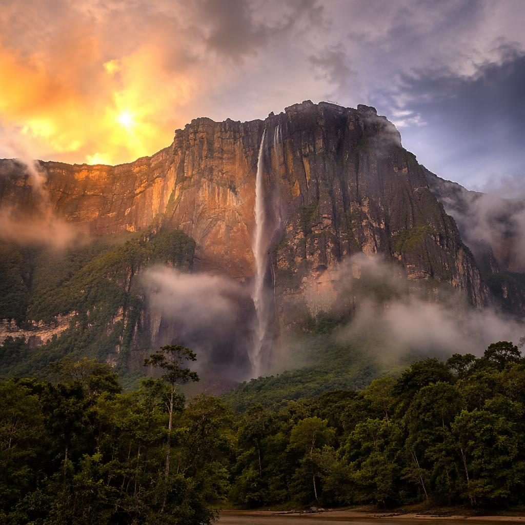Vue d’Angel Falls au lever du soleil en hiver, montagne alpine, lumière dorée, brume dramatique et couleurs vibrantes