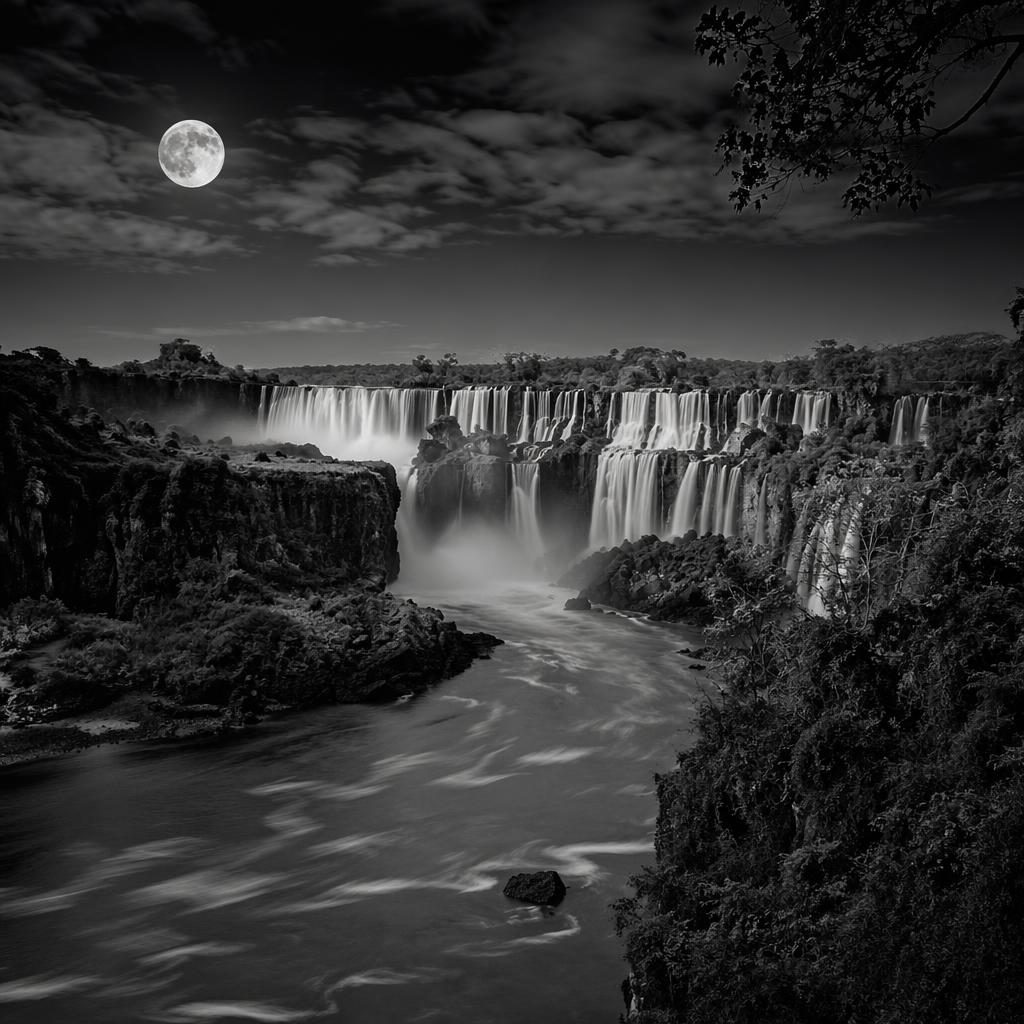 Panoramic view of Iguazu Falls at full moon night with autumn forest, mist, and high-contrast monochrome lighting