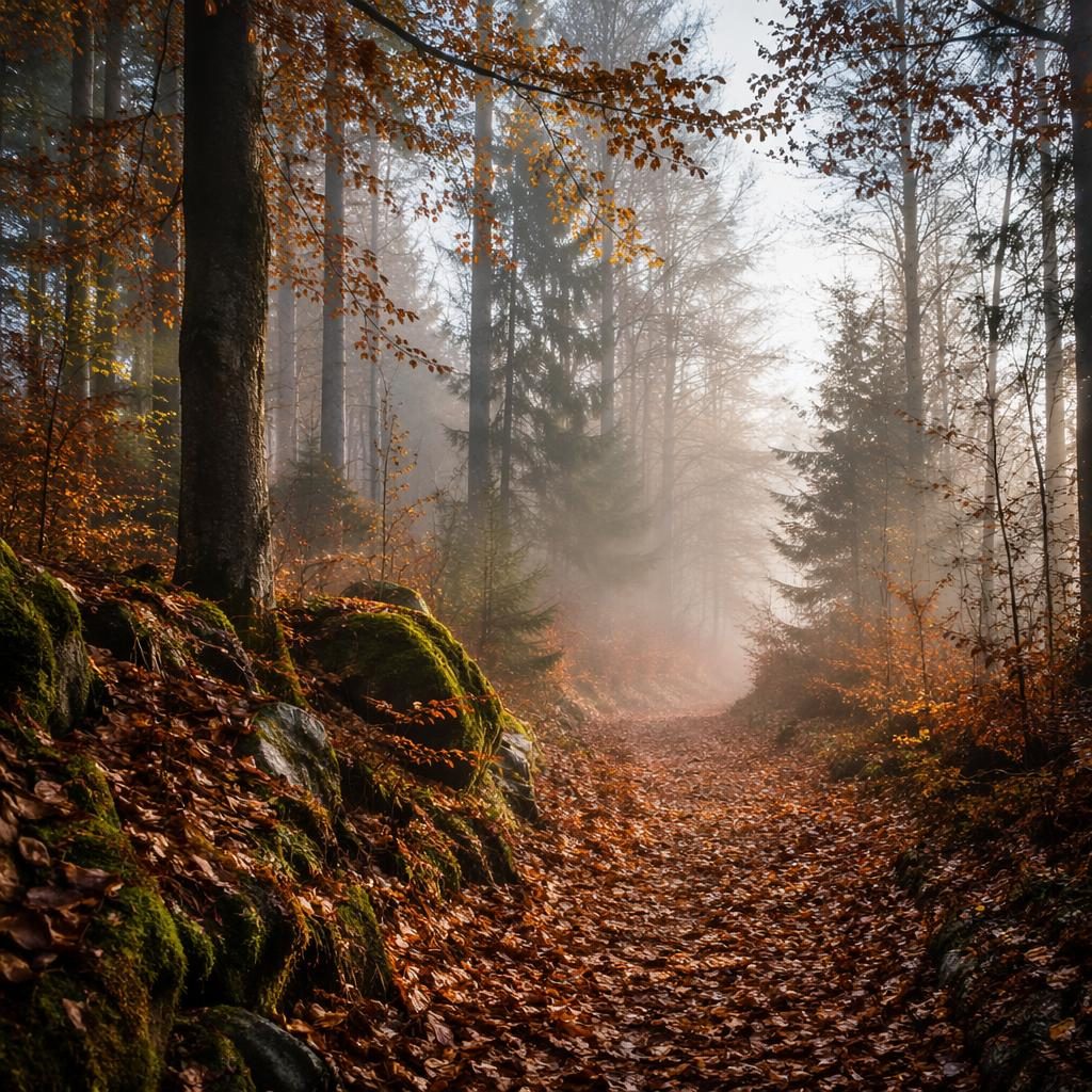 Nebliger Waldpfad mit herbstlichen Blättern, Wiesenblumen und dramatischem Licht in klassischer Naturfotografie