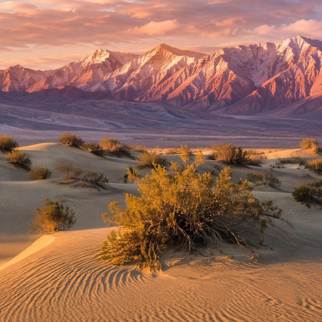Dunes de Mesquite dans la vallée de la Mort au lever du soleil, lumière dorée, ciel doux, rendu photo réaliste