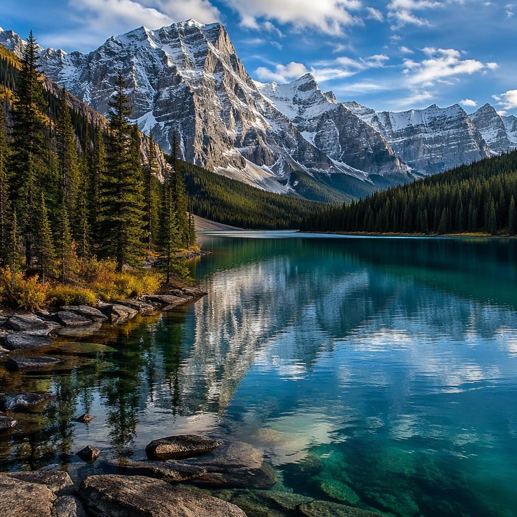 Autumn lake in the Canadian Rockies with clear water, rugged peaks, evergreen forest, and bright midday light