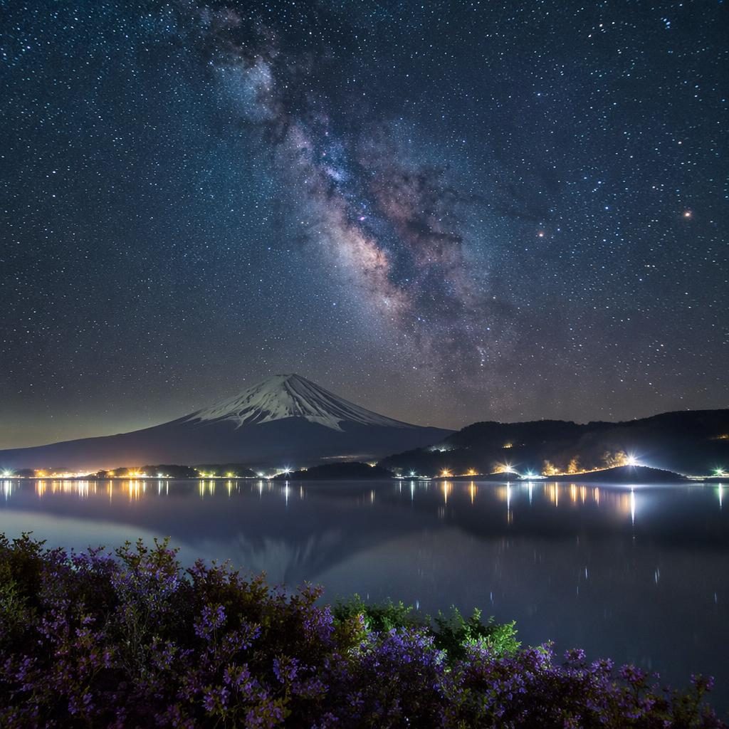 Photoreal landscape of Mt Fuji with cherry blossoms, soft fog, sand dunes, and a vivid Milky Way sky at dawn.