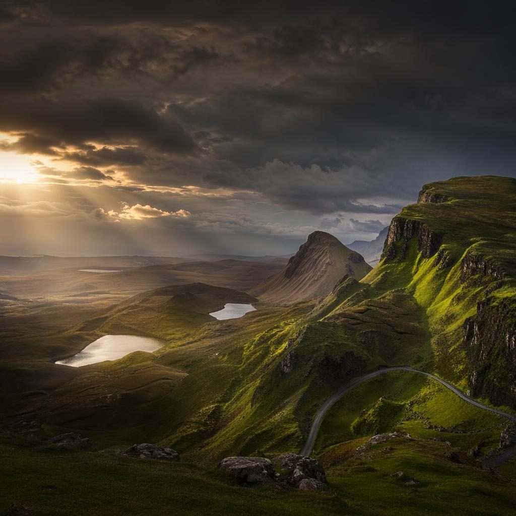 Stormy Scottish Highlands landscape with an old-growth tree beneath the Milky Way, cinematic light and sharp focus