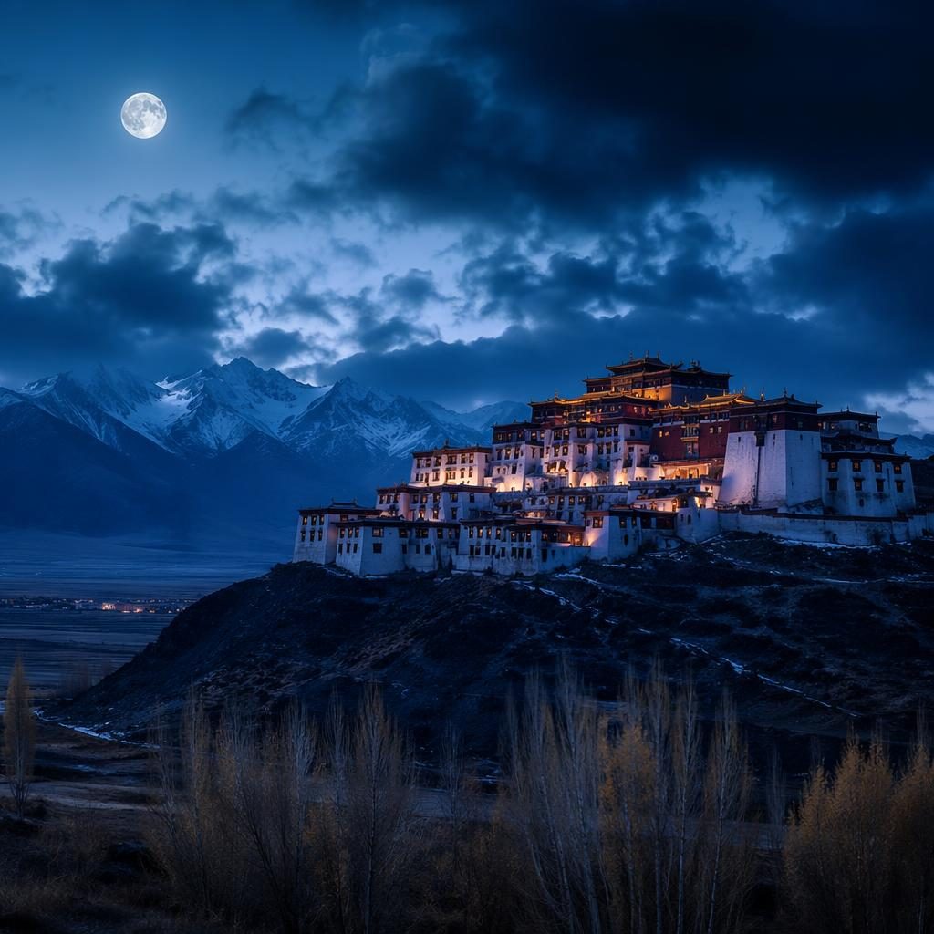 Snowy Tibetan plateau monastery at night under stormy blue skies, with a canyon-like landscape and dramatic winter light