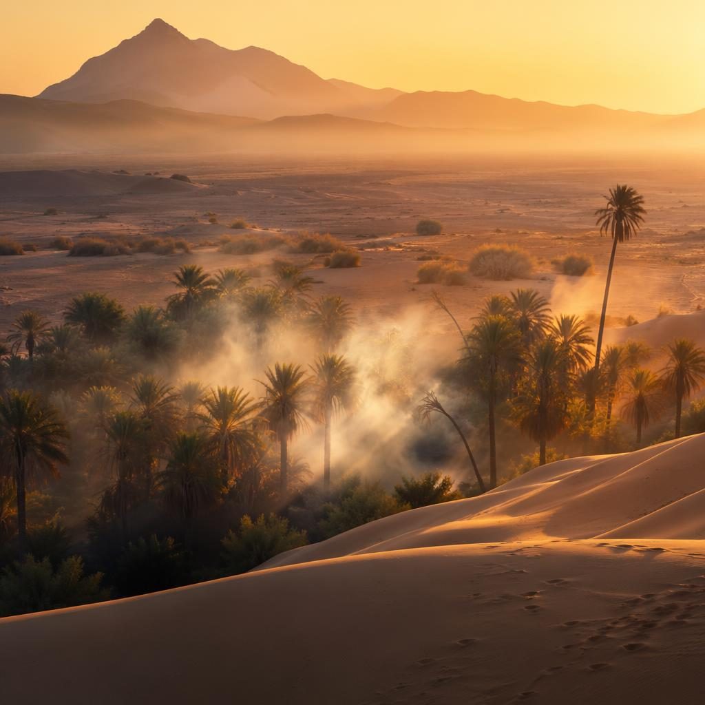 Foggy morning over Morocco desert oasis with rolling sand dunes, warm light, and sharp atmospheric detail.