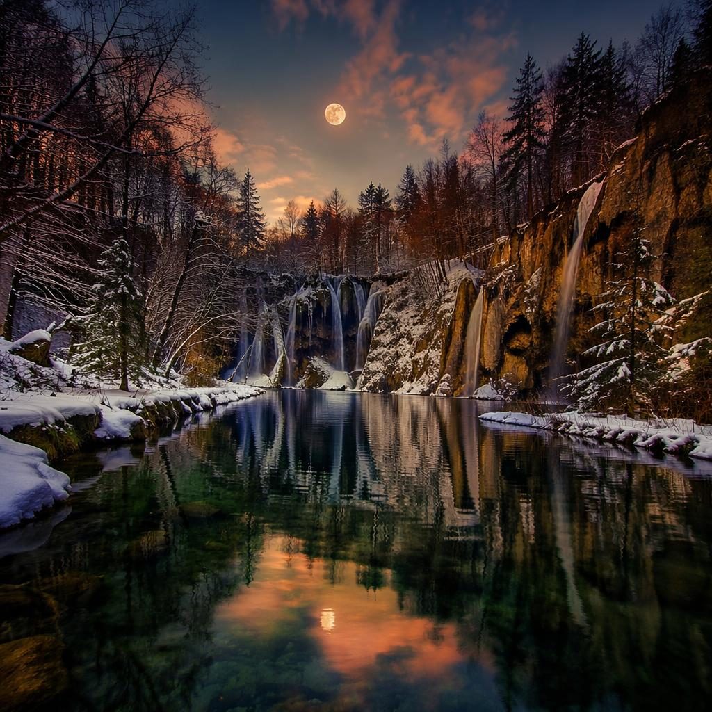 Moonlit view of Plitvice Lakes spring waterfalls with calm lake reflections, warm twilight tones, and dramatic atmospheric light.