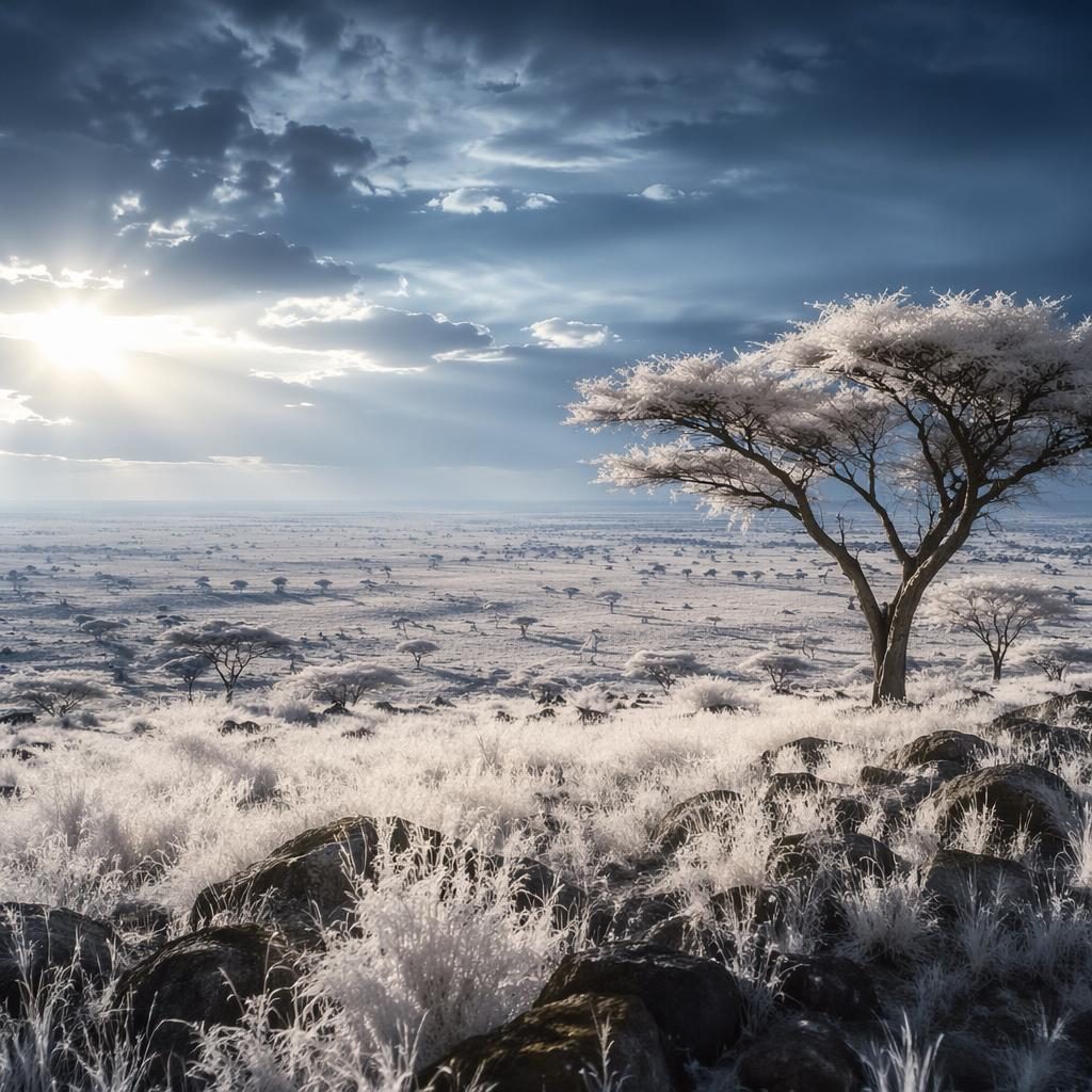 Photoreal infrared landscape of Serengeti grassland at dusk with stormy sky, cool blue-silver tones, and sharp detail