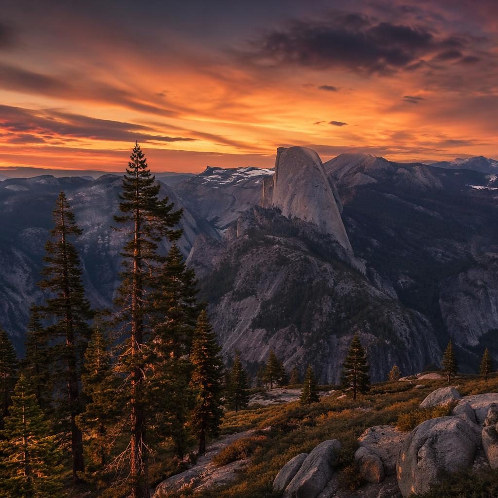 Photoreal volcanic landscape at blue hour with giant sequoia trees, warm twilight sky, sharp detail and dramatic light.
