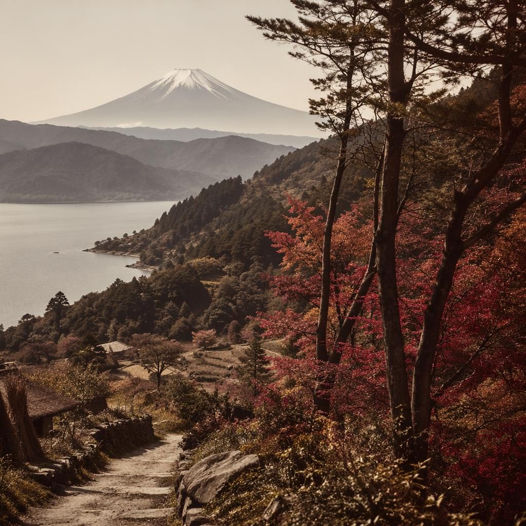 Autumn momiji forest in Japan with vivid red maple leaves, layered trees, and clear midday light in sharp focus
