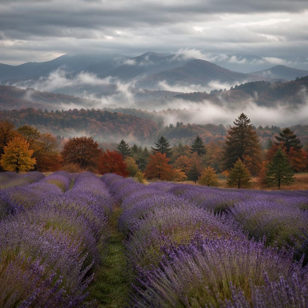 Champs de lavande sous un ciel couvert, brume dans les Great Smoky Mountains, tons roux d’automne, lumière douce.