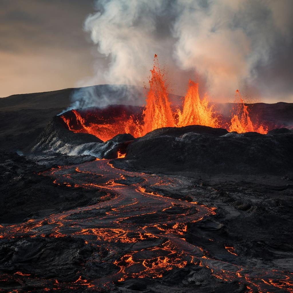 Photoreal landscape of a Hawaiian volcanic eruption with flowing lava, stormy sky, and ochre-toned savanna terrain.