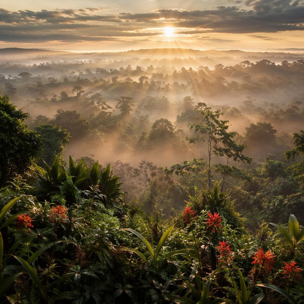 Foggy morning meadow with wildflowers beneath the Amazon canopy, soft mist, rust-toned light, and sharp natural detail.