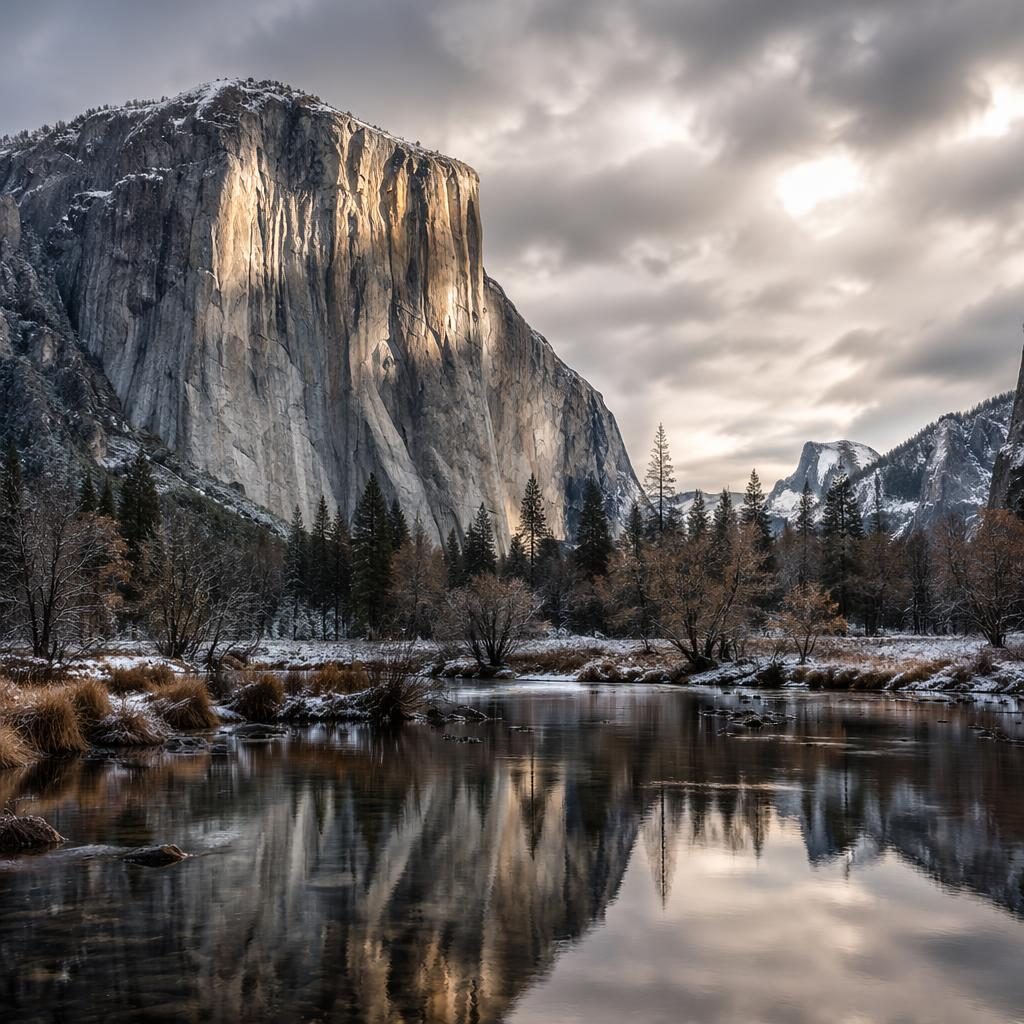 Monochrome view of El Capitan at dawn in Yosemite Valley under soft overcast light with dramatic clouds and sharp detail.