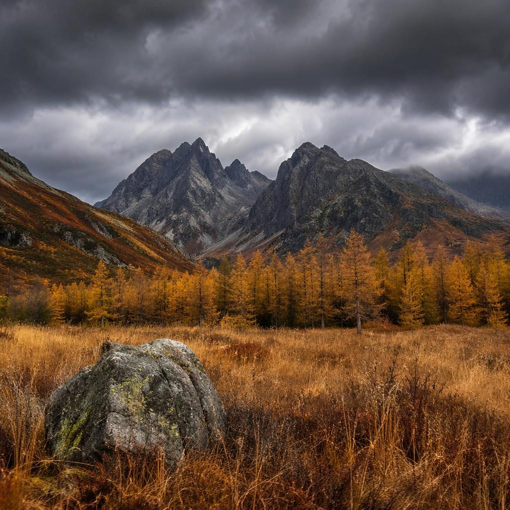 Dramatická horská krajina s tmavou bouří, podzimními tóny, ostrým světlem a fotorealistickou atmosférou.