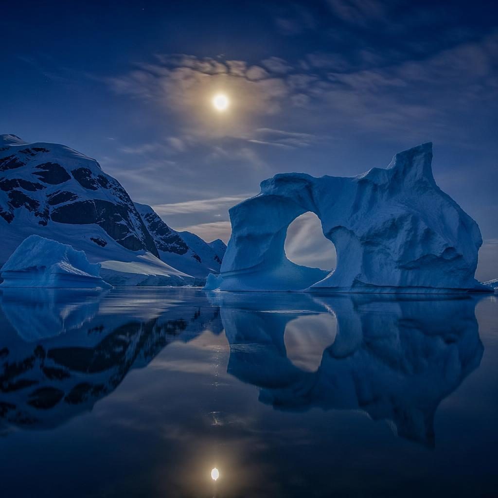 Blue Antarctic icebergs reflected in a calm lake under a full moon at blue hour with dramatic atmospheric light.