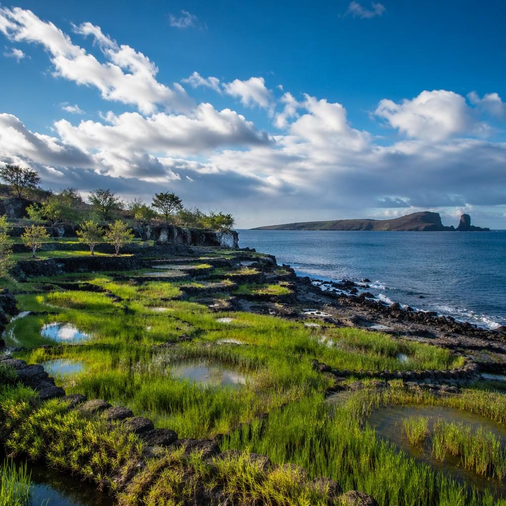 Vulkanische Küste der Galapagosinseln bei klarem Sommerlicht, schroffe Felsen, Meer und dramatische Wolken