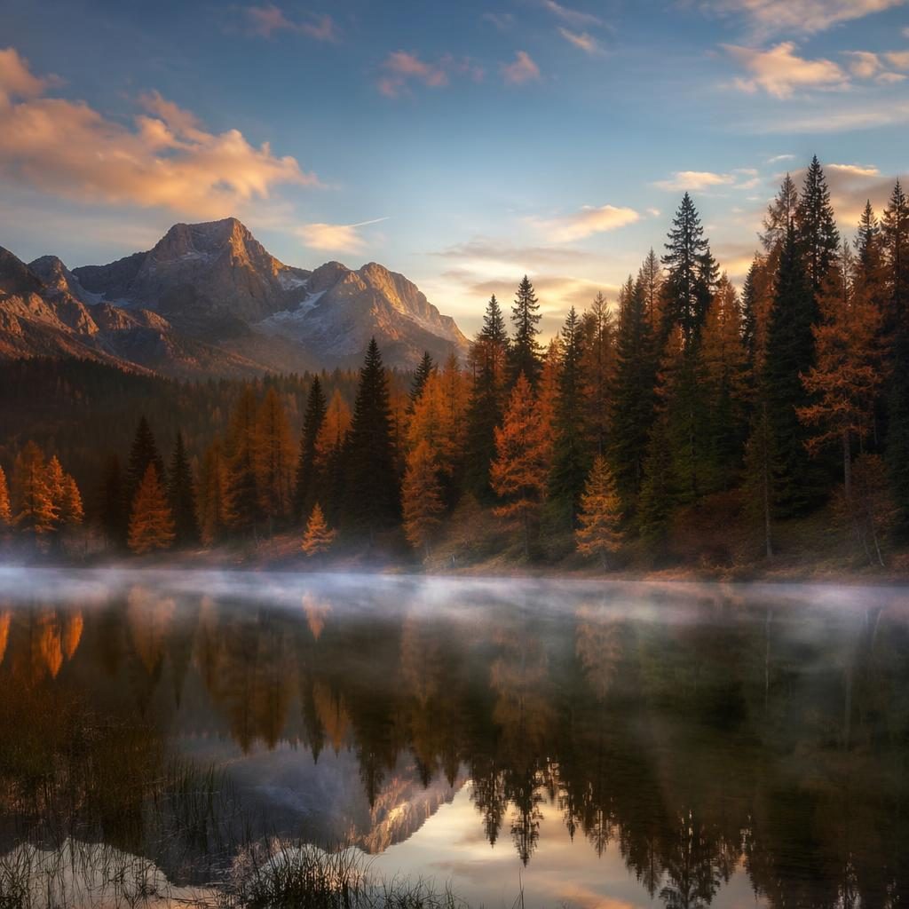 Lac alpin avec brume à l’aube, forêt d’automne aux tons roux et pleine lune, lumière HDR dramatique