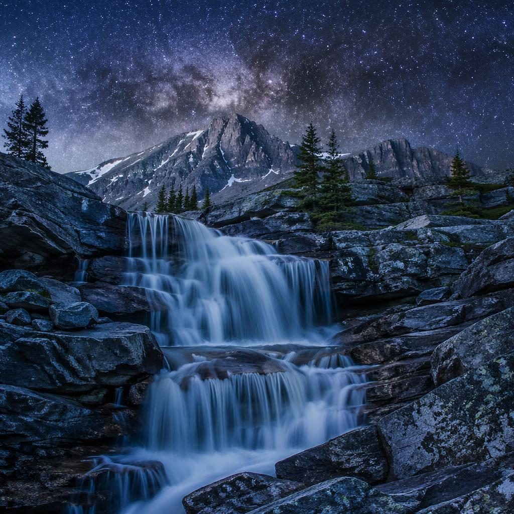 Waterfall under the Milky Way above turquoise Lake Louise in Banff, with cool blue and silver tones in spring