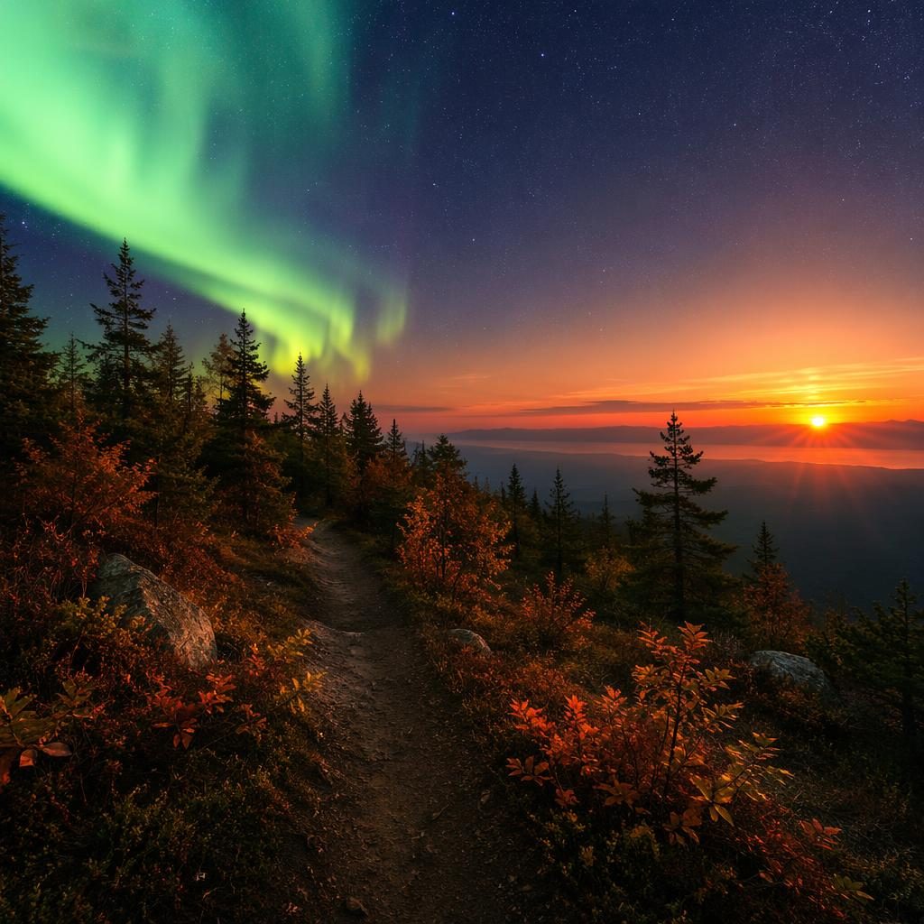 Aurora night sky glowing above an autumn forest path with fallen leaves, warm sunset light, HDR detail, and sharp focus.