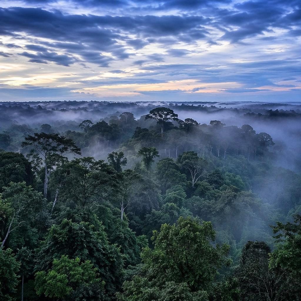 Dense Amazon forest canopy with drifting mist, cool blue and silver tones, sharp trees, and atmospheric winter dawn light.