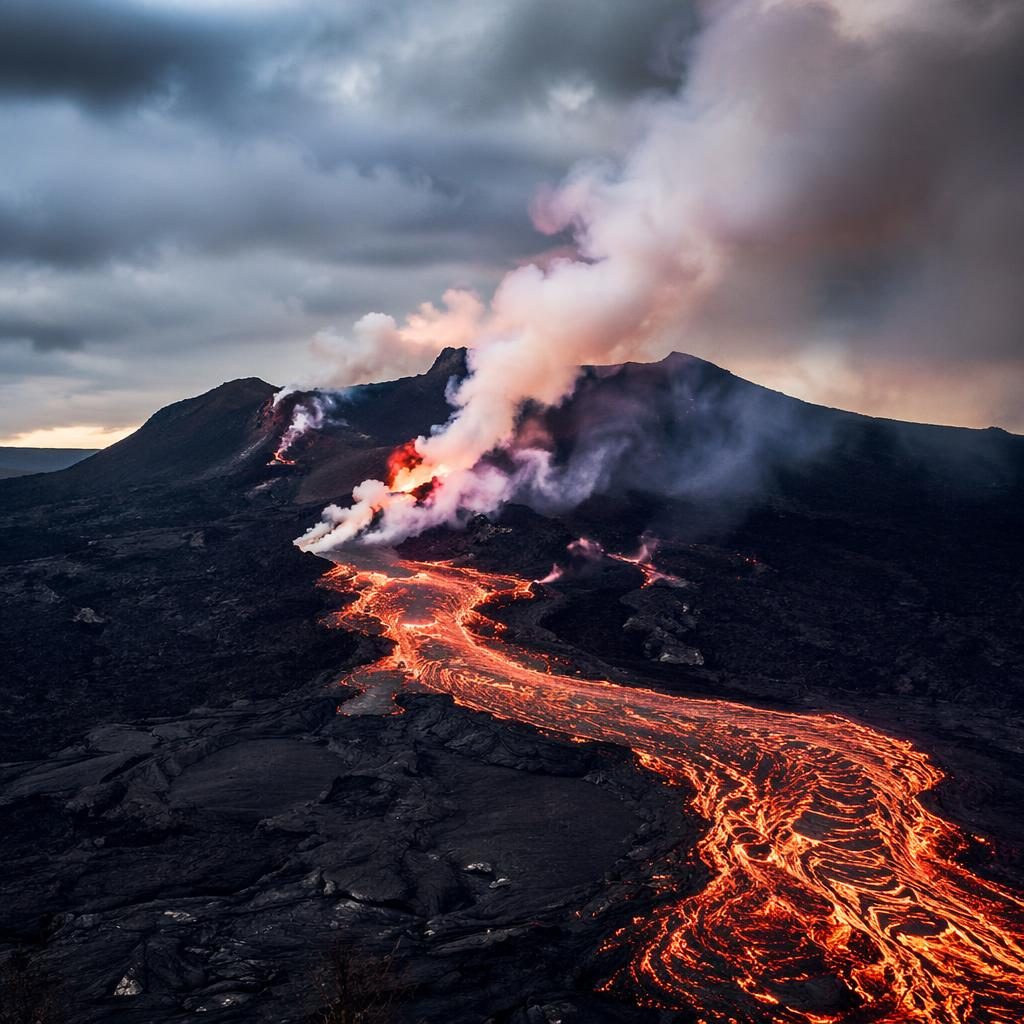 Photoreal volcanic eruption in Hawaii with flowing lava, smoke-filled sky, and dramatic monochrome landscape.