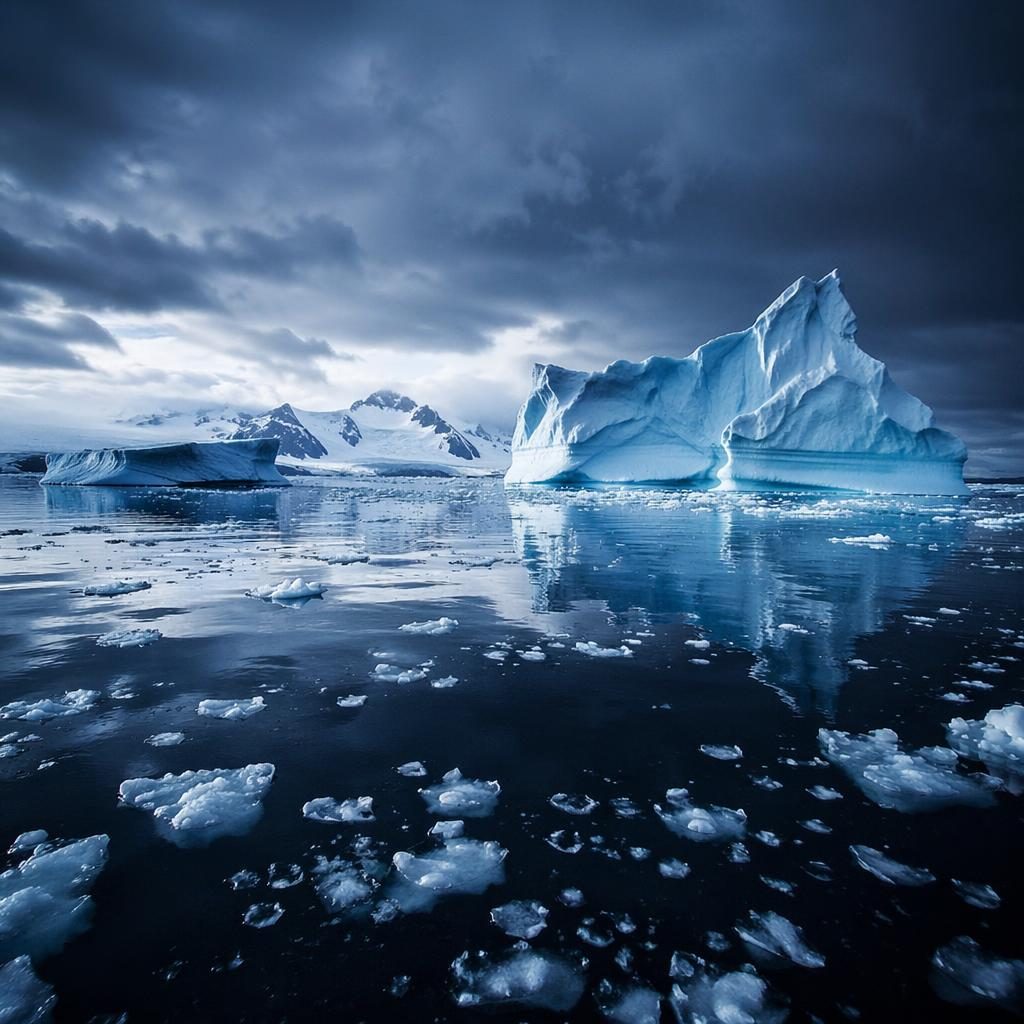 Blaue Eisberge in der Antarktis zur Blauen Stunde unter dramatischem, stürmischem Himmel, scharf und fotorealistisch