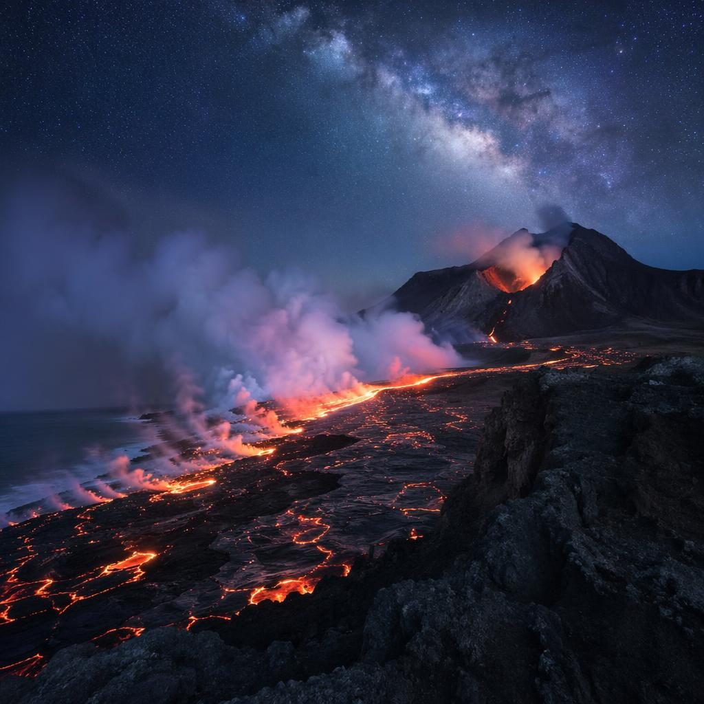 Waterfall beneath the Milky Way in a cool blue spring landscape with volcanic lava glow and smoky mountain silhouettes.