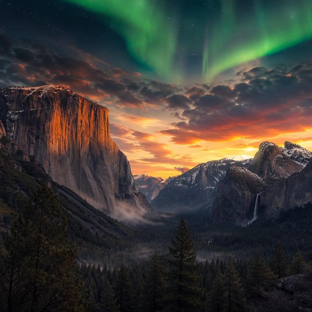 Widescreen view of El Capitan in Yosemite Valley at dawn with glowing clouds, dramatic light, and a clear sky.