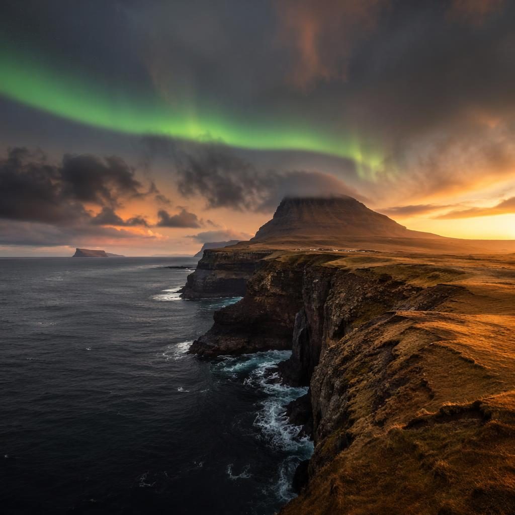 Aurora glows above stormy Faroe Islands cliffs at golden hour, with dramatic light, soft painterly detail, and ochre tones.