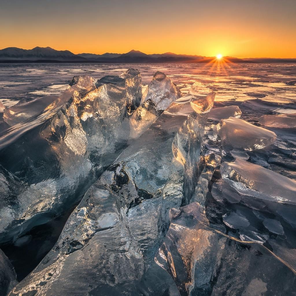 Golden hour sunrise over arctic ice with dramatic monochrome tones, sharp detail, atmospheric winter light, and starry sky