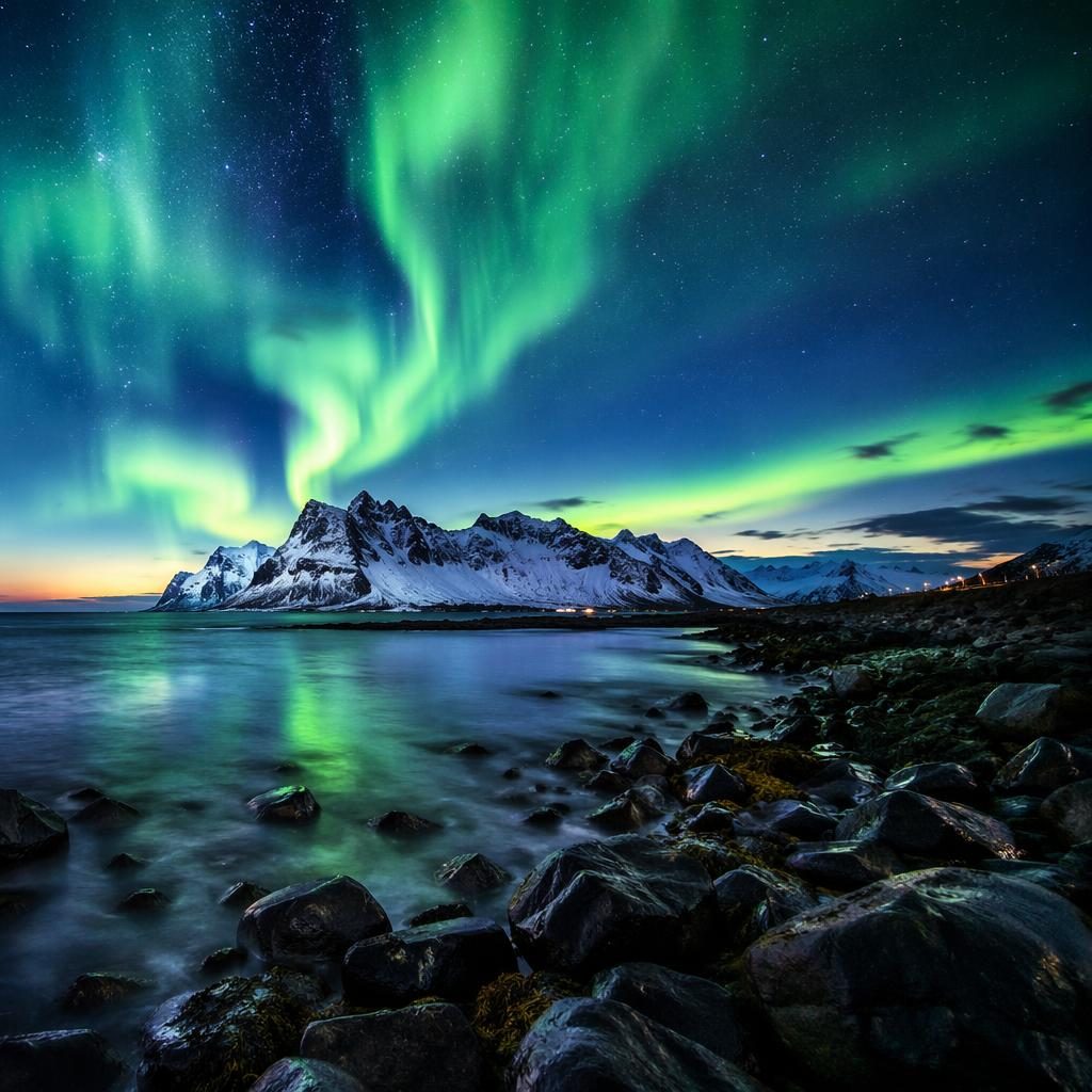 Winter aurora over rolling hills and snowy peaks in the Lofoten Islands at blue hour, high-contrast monochrome tones