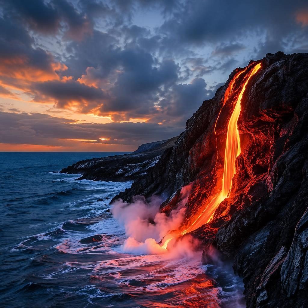 Blue hour view of the Galapagos volcanic coast with glowing lava-like cliffs, ocean surf, and dramatic tropical twilight sky.