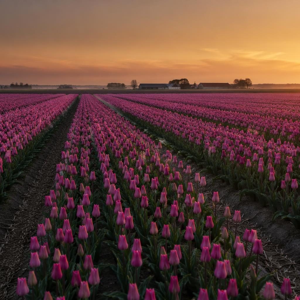 Rows of spring tulips in a Dutch field at golden hour, with distant mountain peaks, pastel sky, and serene light.