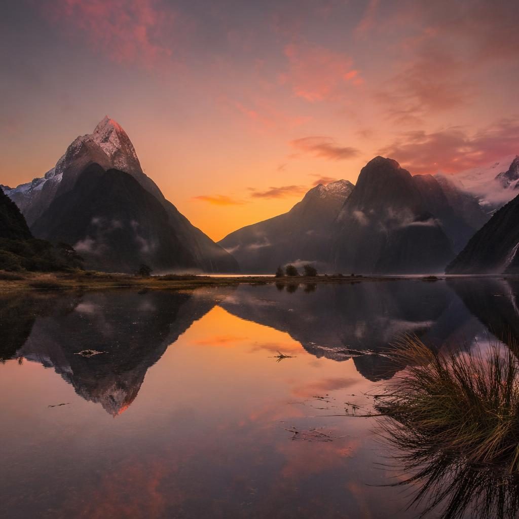 Black-and-white style landscape of Milford Sound with a full moon reflected in a calm lake and dramatic atmospheric light
