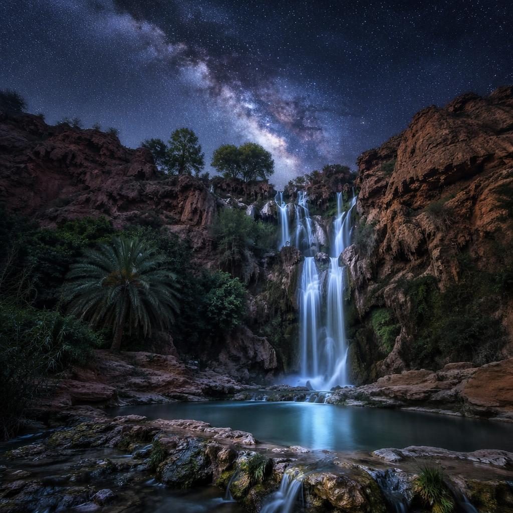 Cascada en un oasis del desierto de Marruecos bajo la Vía Láctea, con tonos azules y plateados y luz nocturna