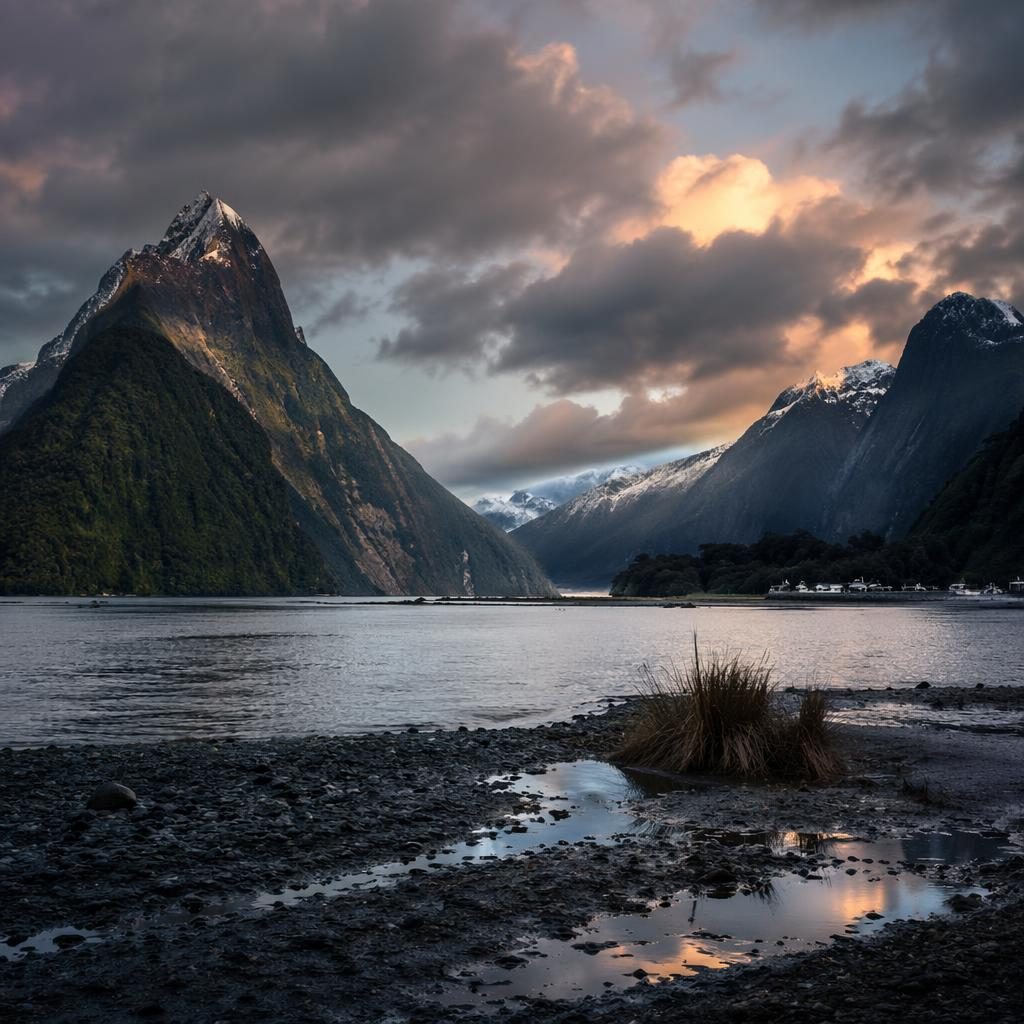 Winter river valley at dusk in Milford Sound with green mountains, atmospheric light, and sharp fine art detail
