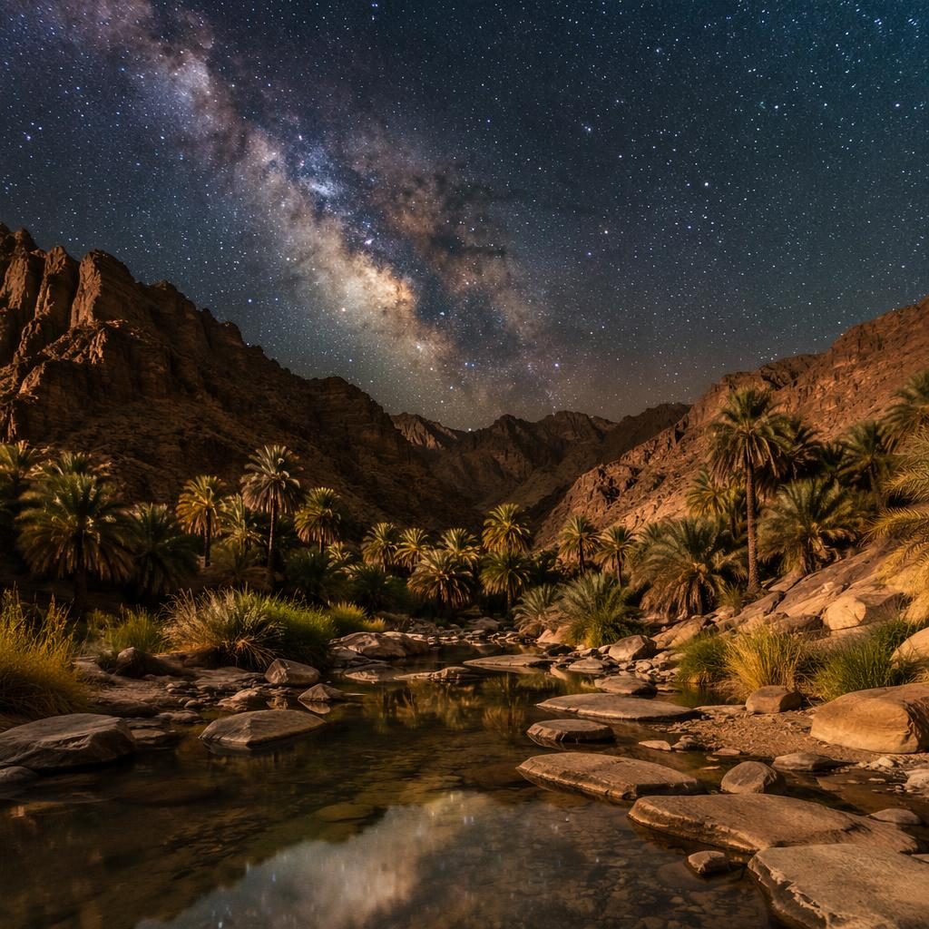 Oasis del desierto en Marruecos bajo un cielo estrellado con la Vía Láctea, luz dramática y tonos ocres