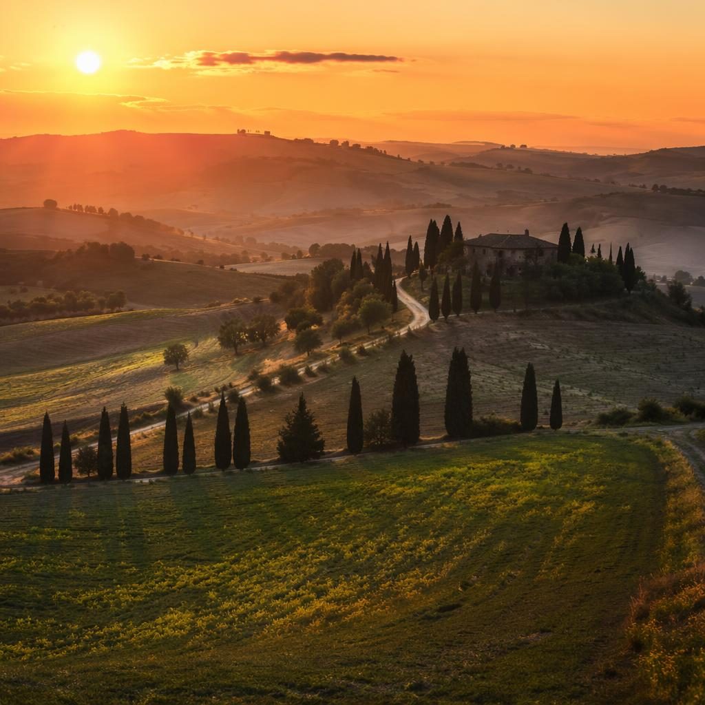 Blue hour view of Tuscan hills with cypress trees, volcanic terrain, and dramatic twilight sky in sharp focus.
