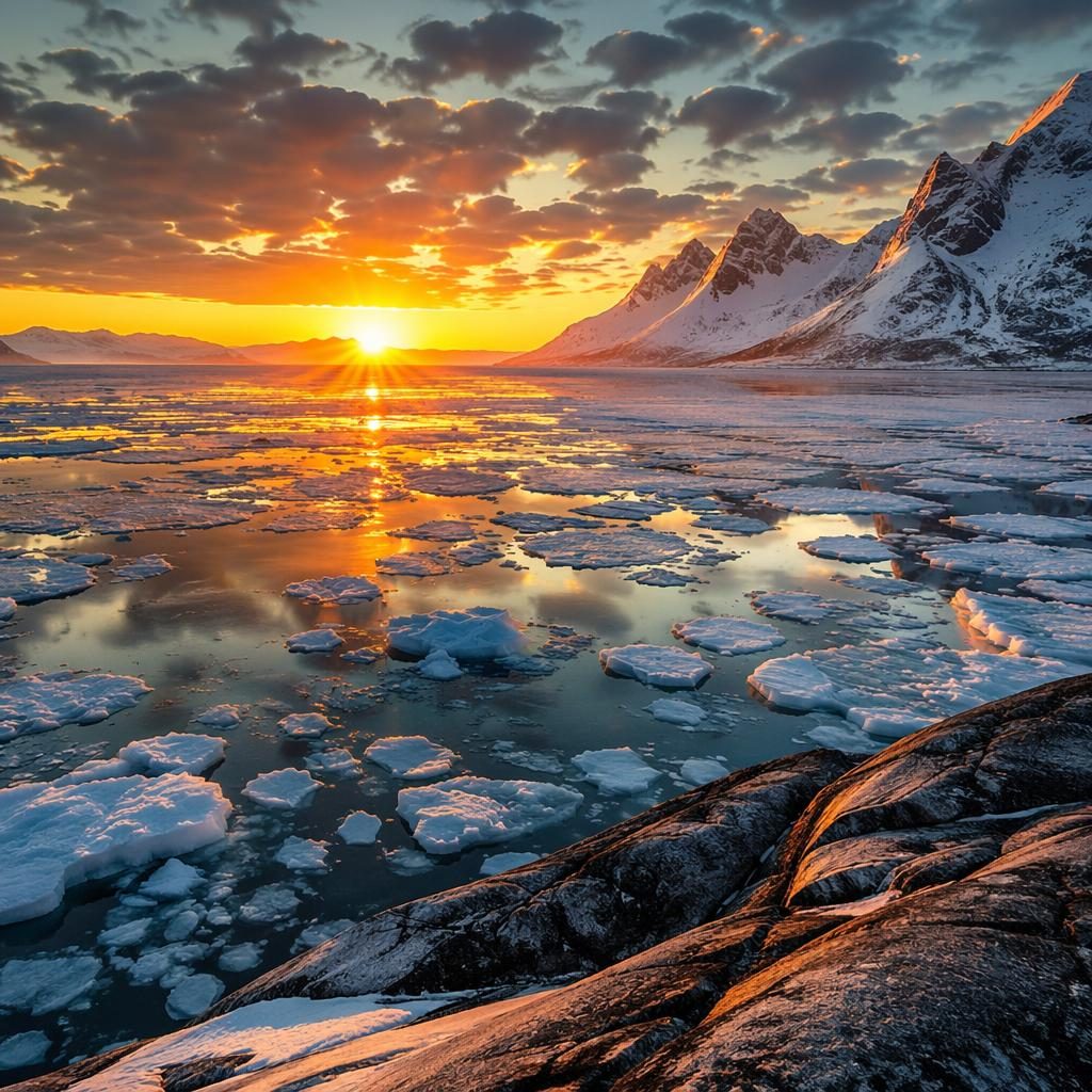Fjord norvégien en été sous le soleil de minuit, eau calme, montagnes glacées et lumière dorée dramatique