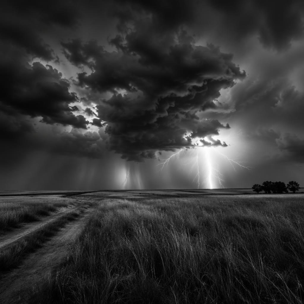 High-contrast monochrome landscape of lightning over open plains beneath a full moon, with an autumn forest at night.