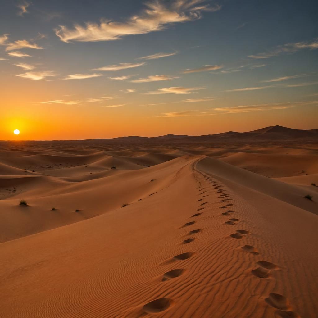 Photoreal desert landscape of Sahara dunes at dawn with soft twilight sky, warm light, sharp sand ridges, and serene mood.