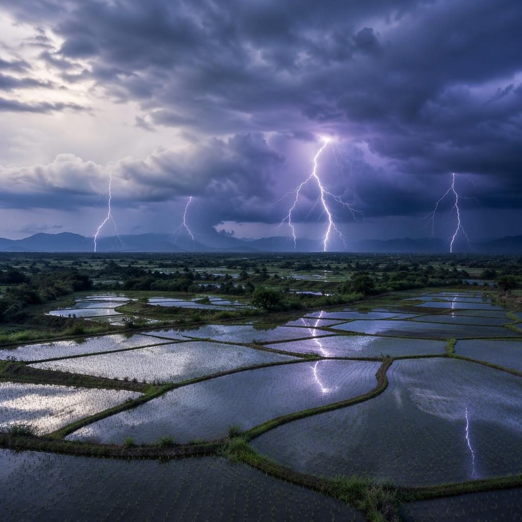 Lightning storm over rice terrace fields at midday in summer, with cool blue and silver tones and sharp detail