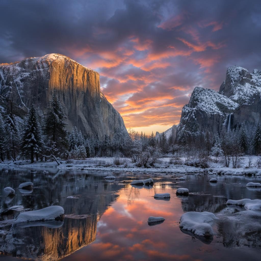Schwarzweiß-Naturfoto von El Capitan im Yosemite Valley bei Morgendämmerung unter dramatischem Himmel