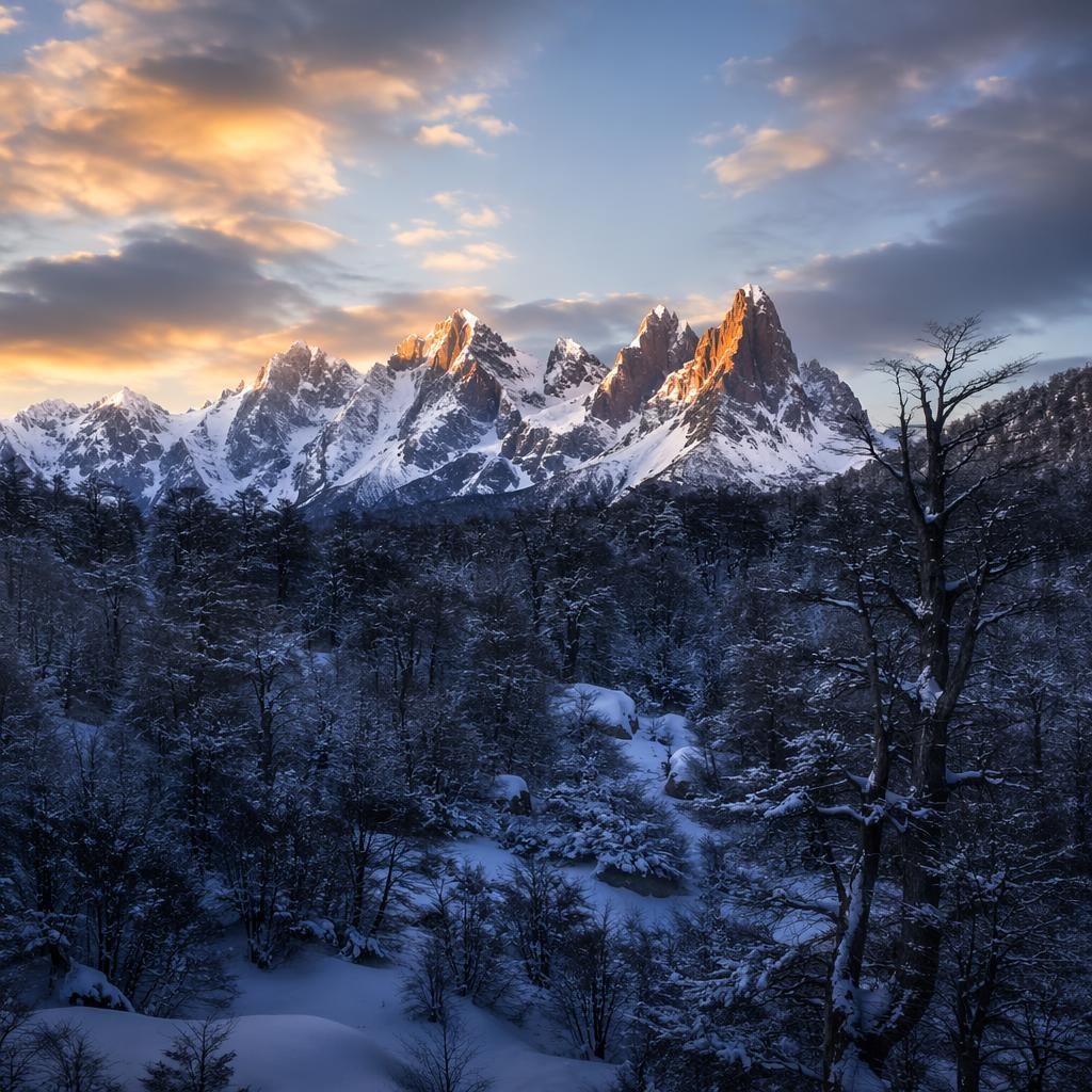 Dense winter forest beneath Patagonia mountains at dusk, with cool blue tones, silver light, and sharp atmospheric detail.