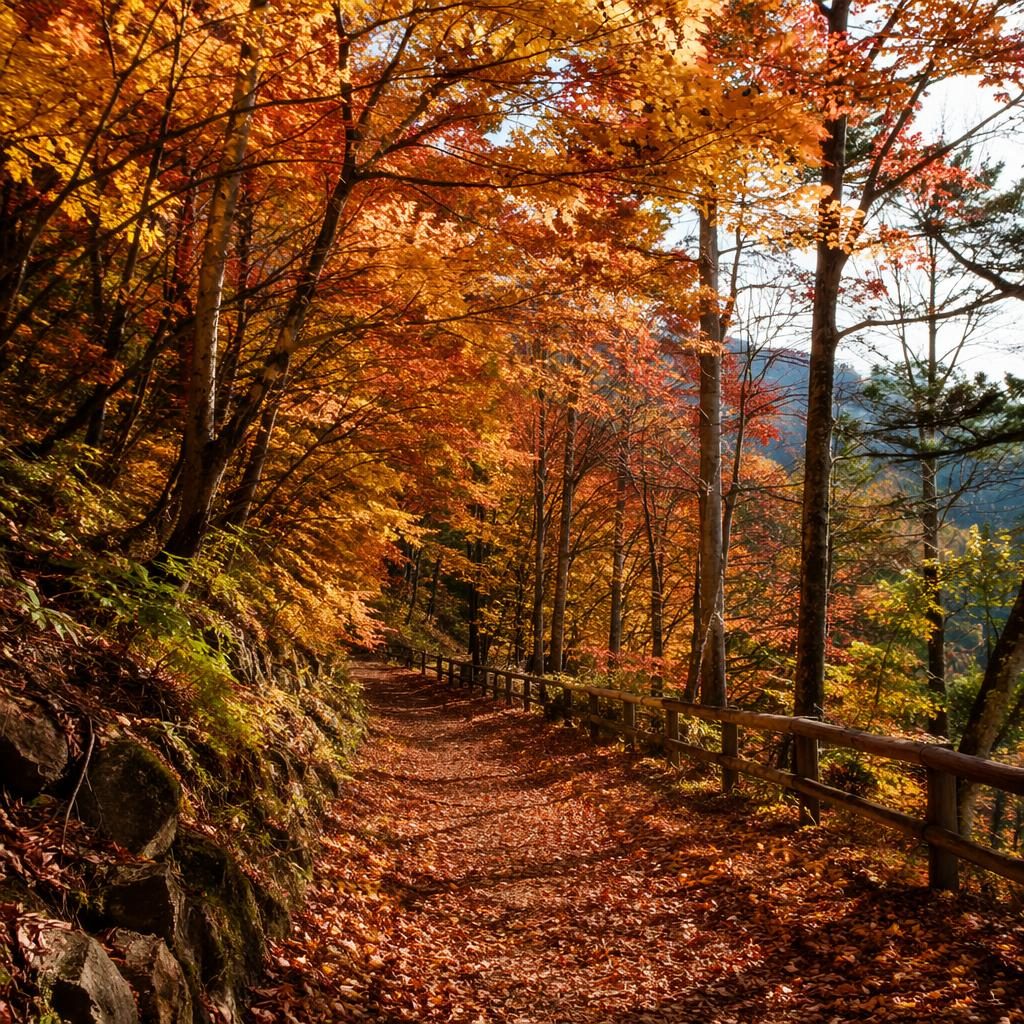 Autumn forest path covered in fallen leaves, clear midday light, sharp natural scenery with earthy tones